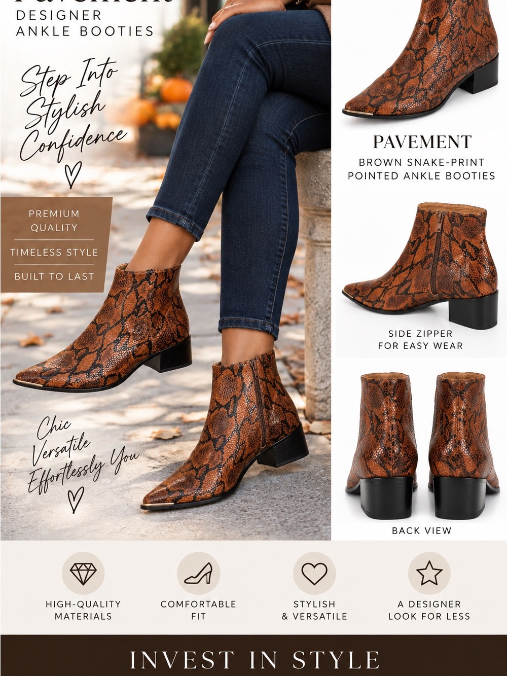 Pavement Brown Snake Print Pointed Toe Ankle Boots